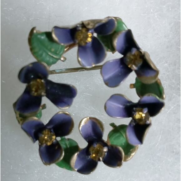 no brand Jewelry - AUSTRIA Enamel Purple Yellow Wreath of Violets Flower Brooch Vintage Signed